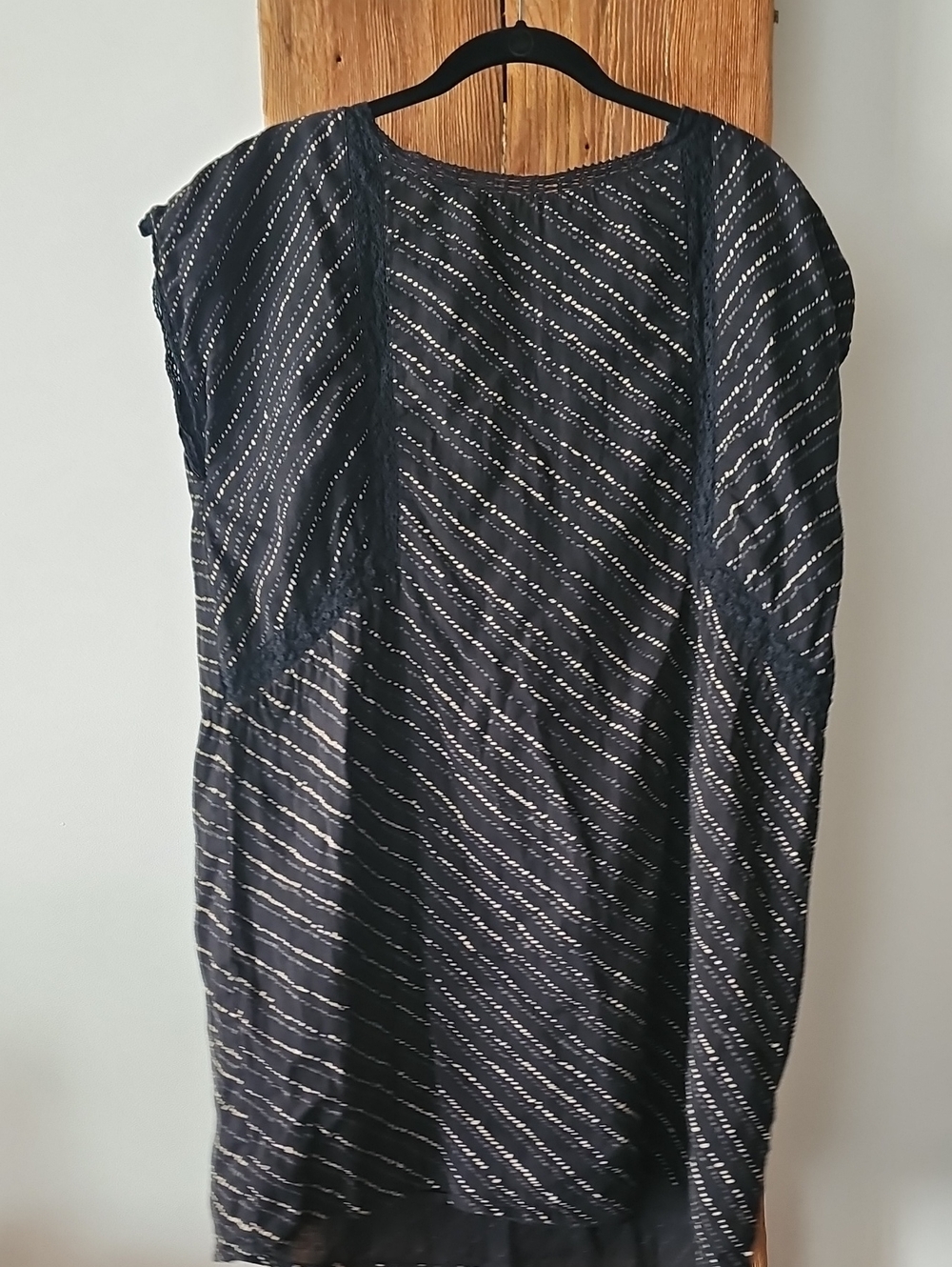 100% Cotton LILLA P Women's Black Striped Cap-Sleeve Lace Detail Dress SZ XL
